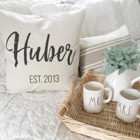 Custom Name & Est. Date Pillow Cover - Linen and Ivory